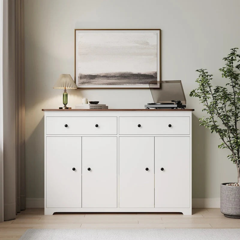 Modern Storage Sideboard Buffet Cabinet with 2 Drawers and 4 Doors for Living Room,Dining room,Kitchen,Coffee Bar, In White