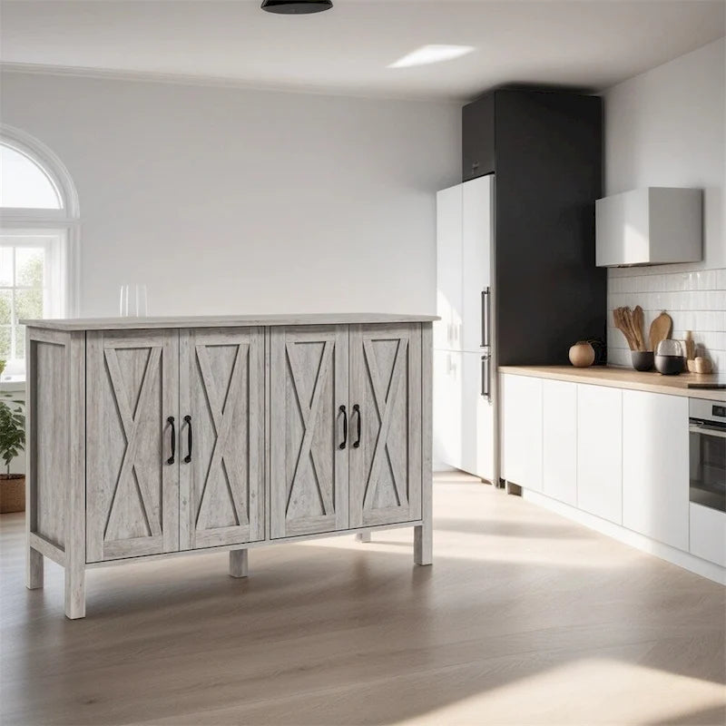 Wood Buffet Cabinet with 4 Barn Doors and 2 Adjustable Shelves - N/A