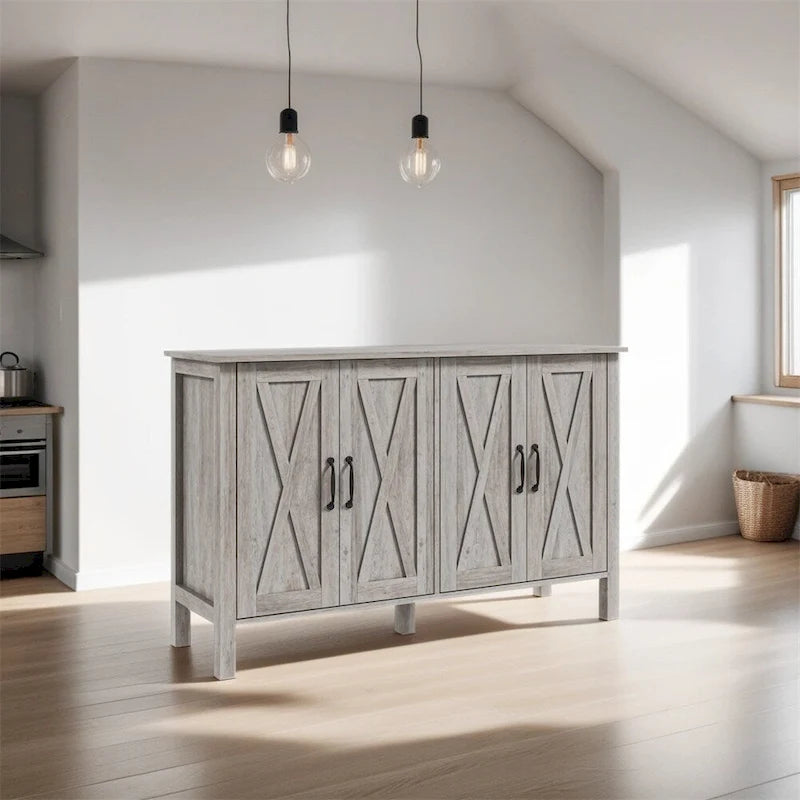 Wood Buffet Cabinet with 4 Barn Doors and 2 Adjustable Shelves - N/A