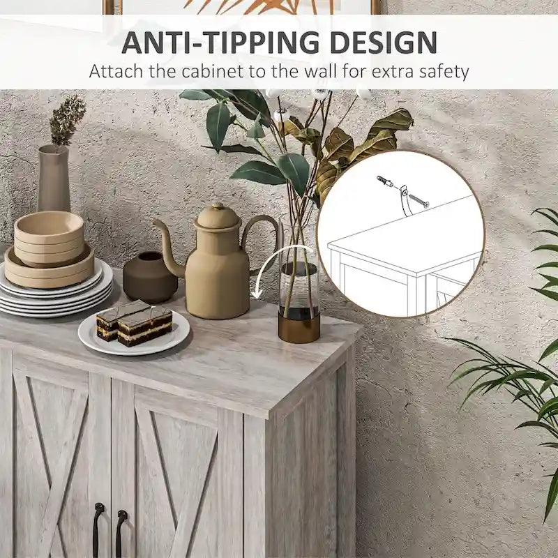 Wood Buffet Cabinet with 4 Barn Doors and 2 Adjustable Shelves - N/A