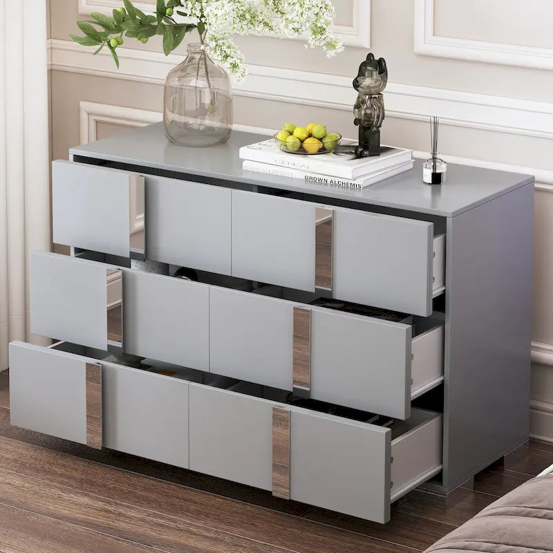 Elegant Modern Dresser with Metal Handle,Mirrored Storage Cabinet with 6 Drawers for Bedroom,Living Room