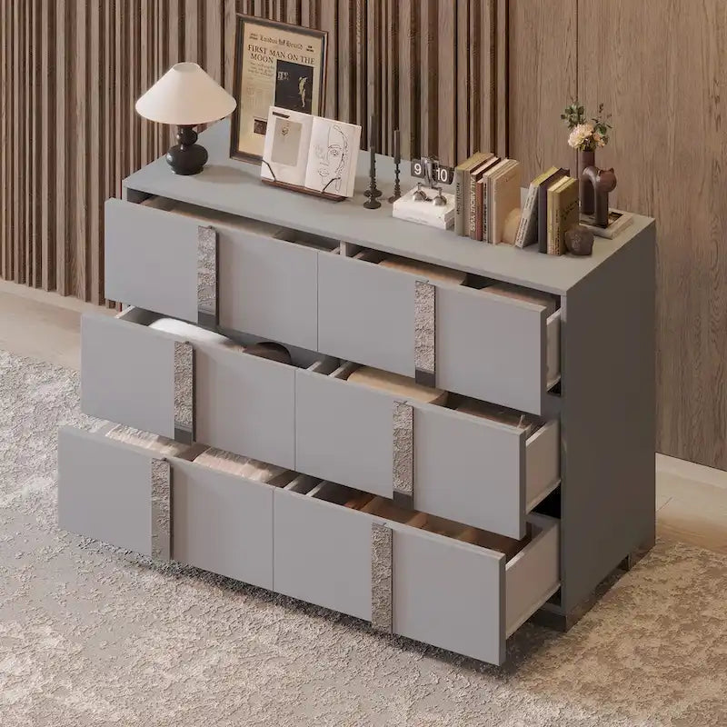 Elegant Modern Dresser with Metal Handle,Mirrored Storage Cabinet with 6 Drawers for Bedroom,Living Room