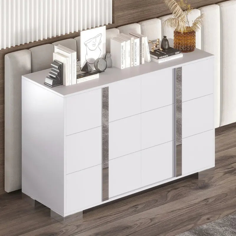 Elegant Modern Dresser with Metal Handle,Mirrored Storage Cabinet with 6 Drawers for Bedroom,Living Room