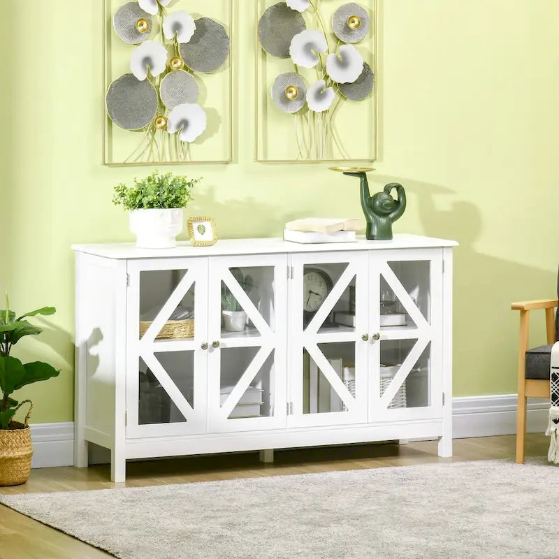 Sideboard, Buffet Cabinet with 4 Tempered Glass Doors and Adjustable Storage Shelf, Credenza, White