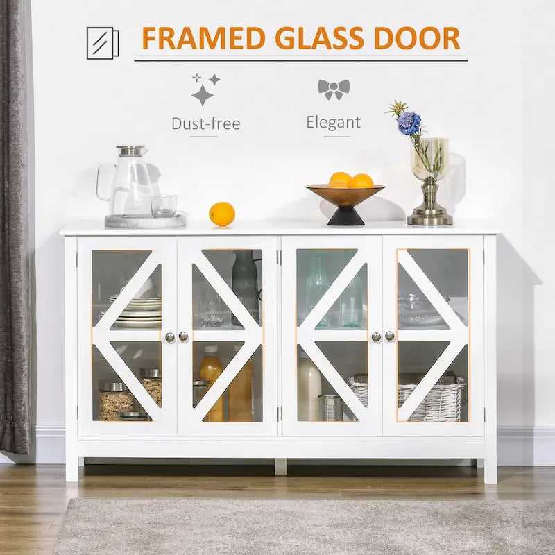 Sideboard, Buffet Cabinet with 4 Tempered Glass Doors and Adjustable Storage Shelf, Credenza, White