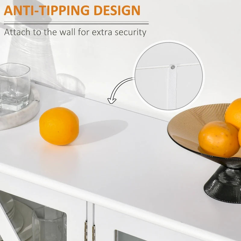 Sideboard, Buffet Cabinet with 4 Tempered Glass Doors and Adjustable Storage Shelf, Credenza, White