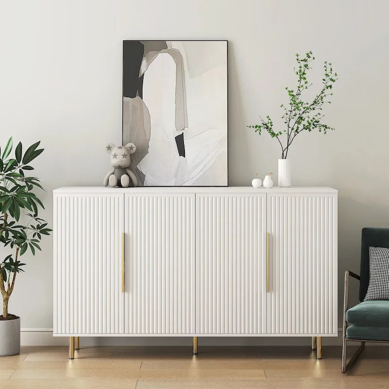 White Modern Buffet Cabinet with Storage, Fluted Sideboard Large Buffet with Adjustable Shelves, Accent Cabinet Console Table