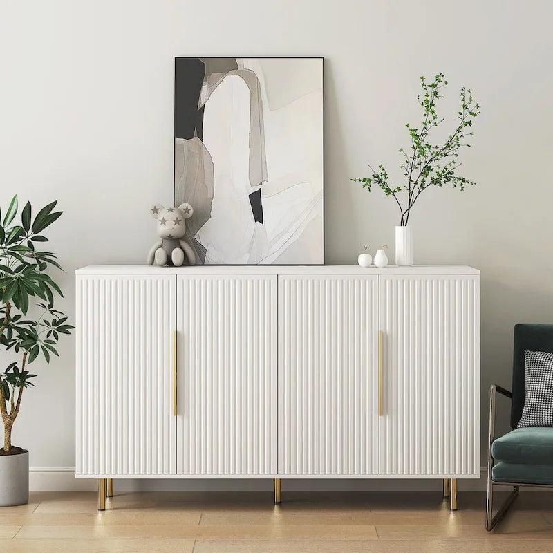 White Modern Buffet Cabinet with Storage, Fluted Sideboard Large Buffet with Adjustable Shelves, Accent Cabinet Console Table
