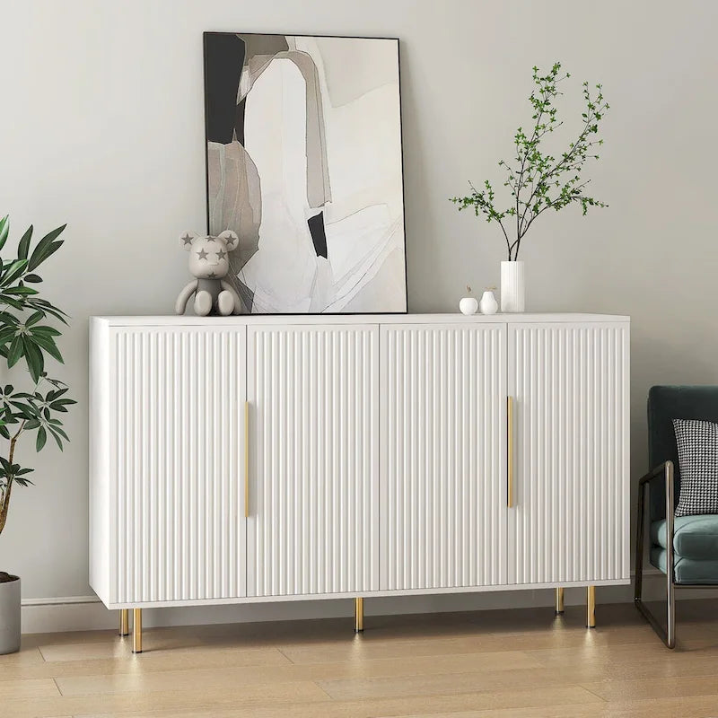 White Modern Buffet Cabinet with Storage, Fluted Sideboard Large Buffet with Adjustable Shelves, Accent Cabinet Console Table