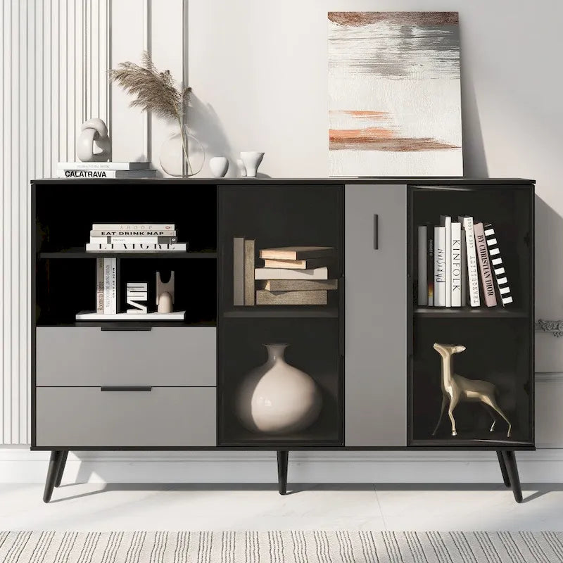 55.1 Two-door Storage Cabinet with Two Drawers and Metal Handles