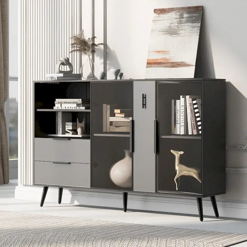 55.1 Two-door Storage Cabinet with Two Drawers and Metal Handles