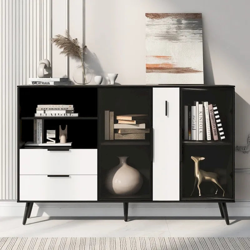 55.1 Two-door Storage Cabinet with Two Drawers and Metal Handles