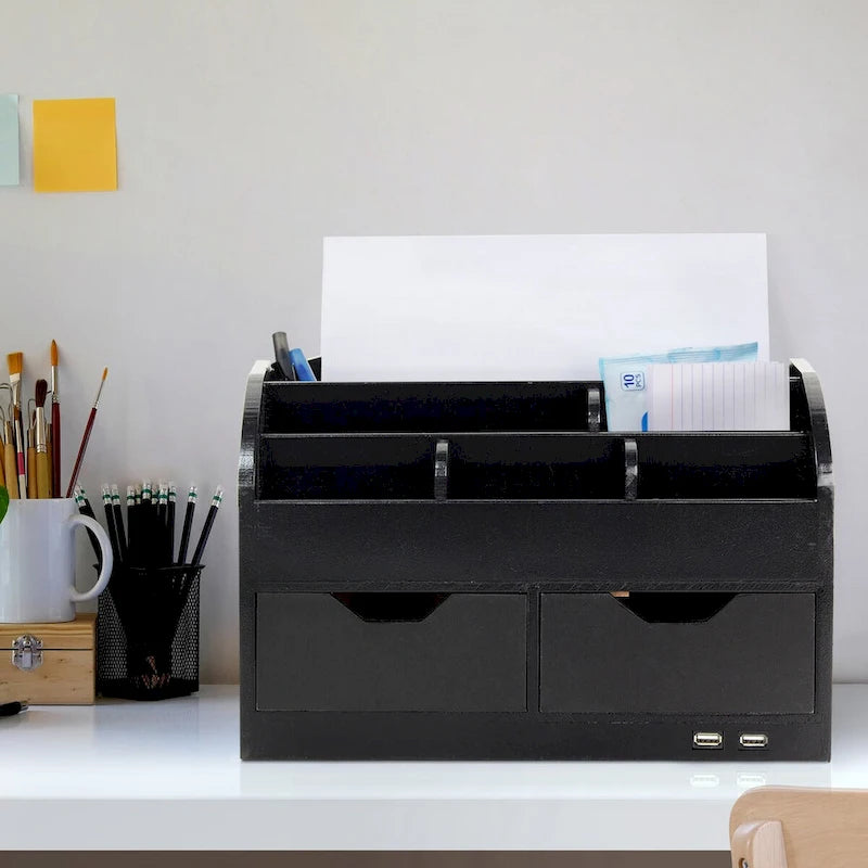 All-in-One USB charging 8 Compartments Desk Organizer - Black