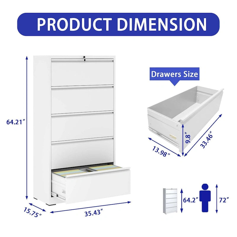 5 Drawer Metal Lateral File Cabinet with Lock for Legal/Letter/A4/F4