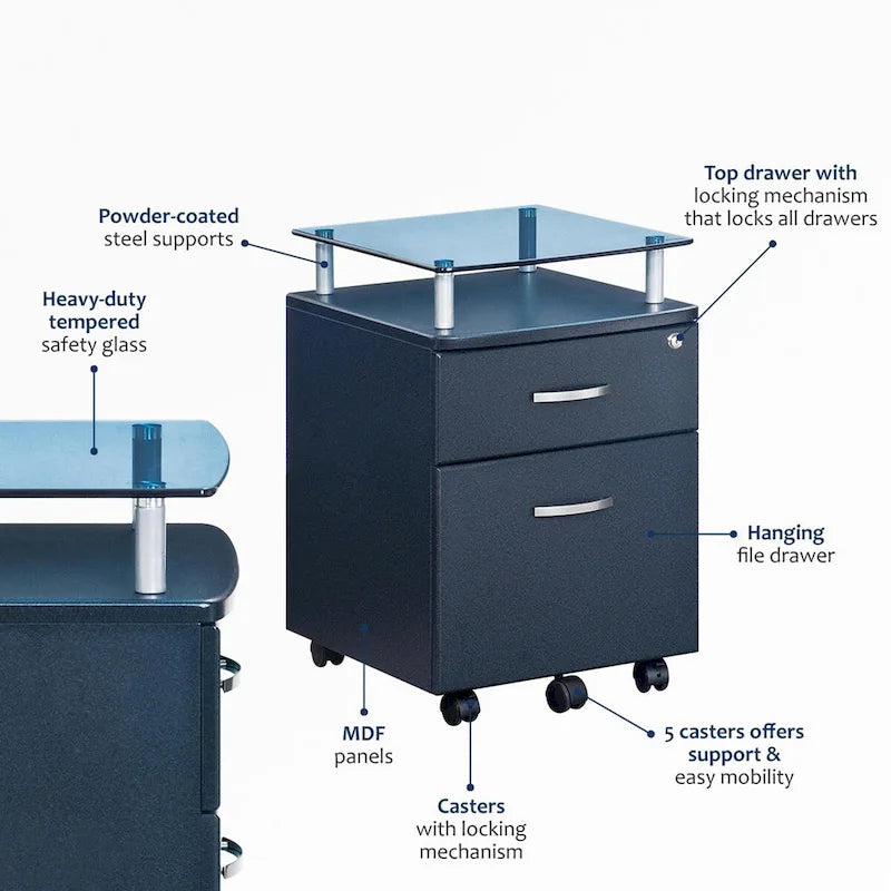 Rolling File Cabinet with Glass Top