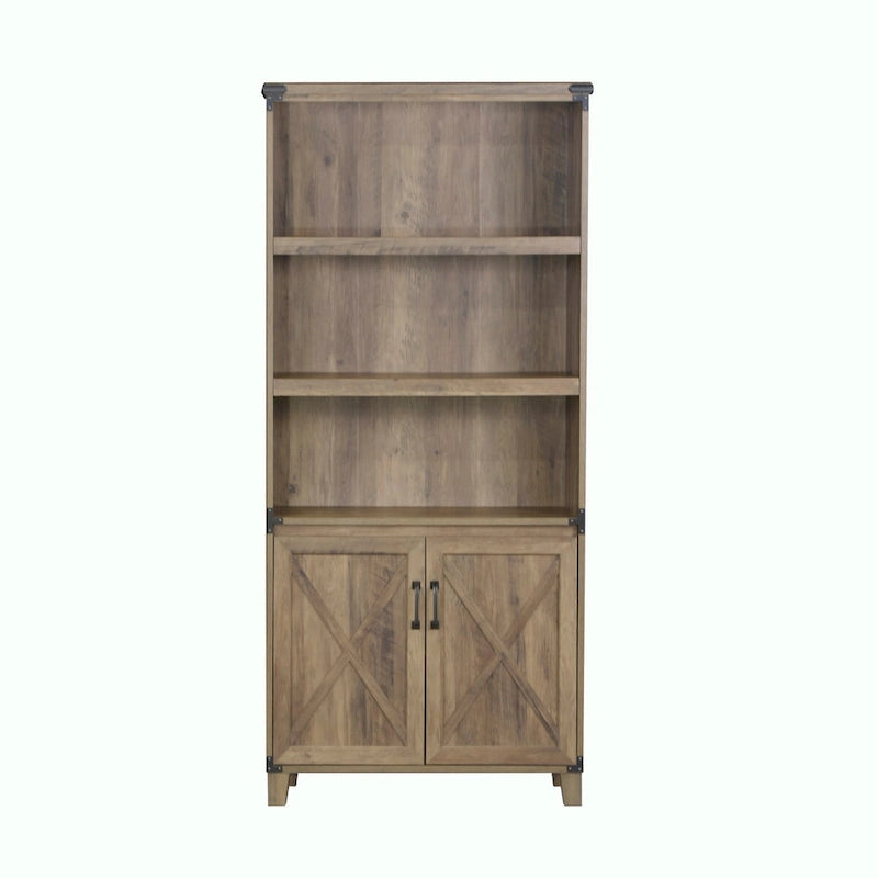 Oxford Farmhouse Rustic Oak 2-Door Bookcase - 12W x 30.7D x 67.4H