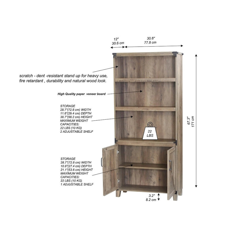 Oxford Farmhouse Rustic Oak 2-Door Bookcase - 12W x 30.7D x 67.4H
