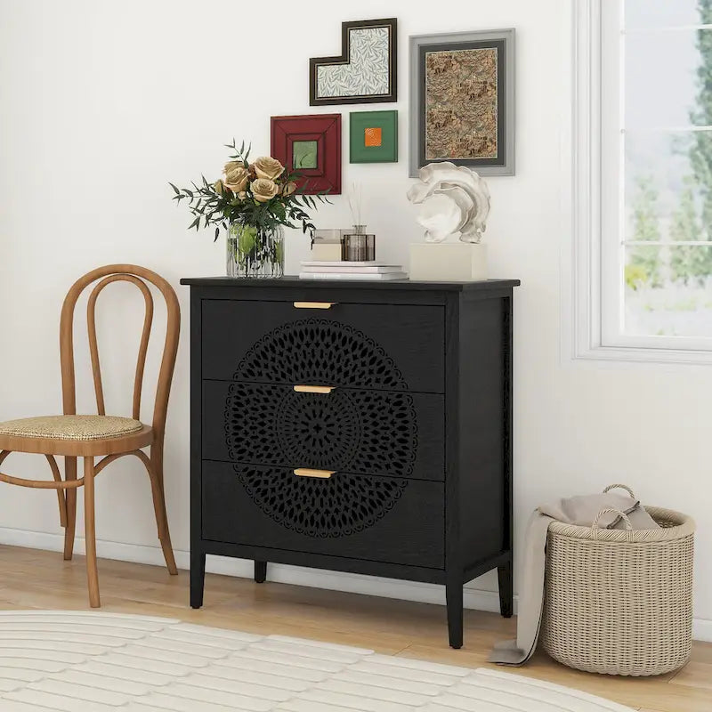 3 Drawer Cabinet with Hollow-Carved
