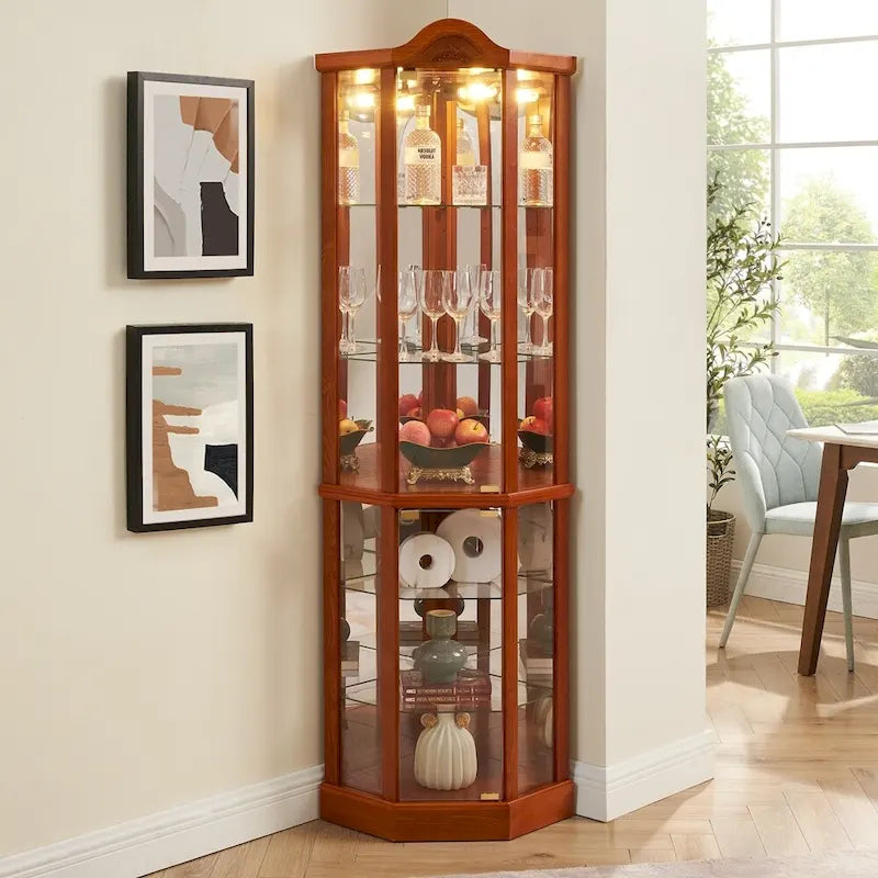Wine Cabinet with Adjustable Glass Shelves Carved Decoration