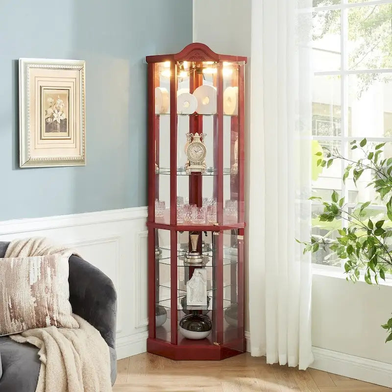 Wine Cabinet with Adjustable Glass Shelves Carved Decoration