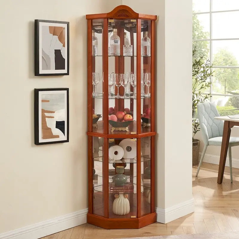 Wine Cabinet with Adjustable Glass Shelves Carved Decoration