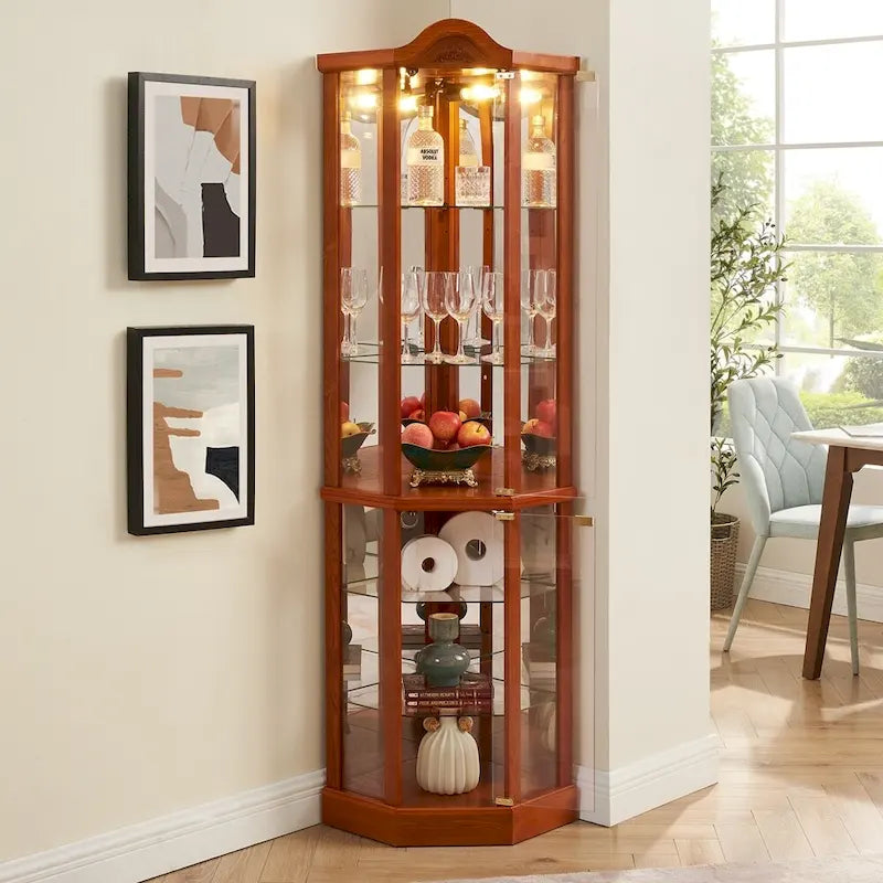 Wine Cabinet with Adjustable Glass Shelves Carved Decoration