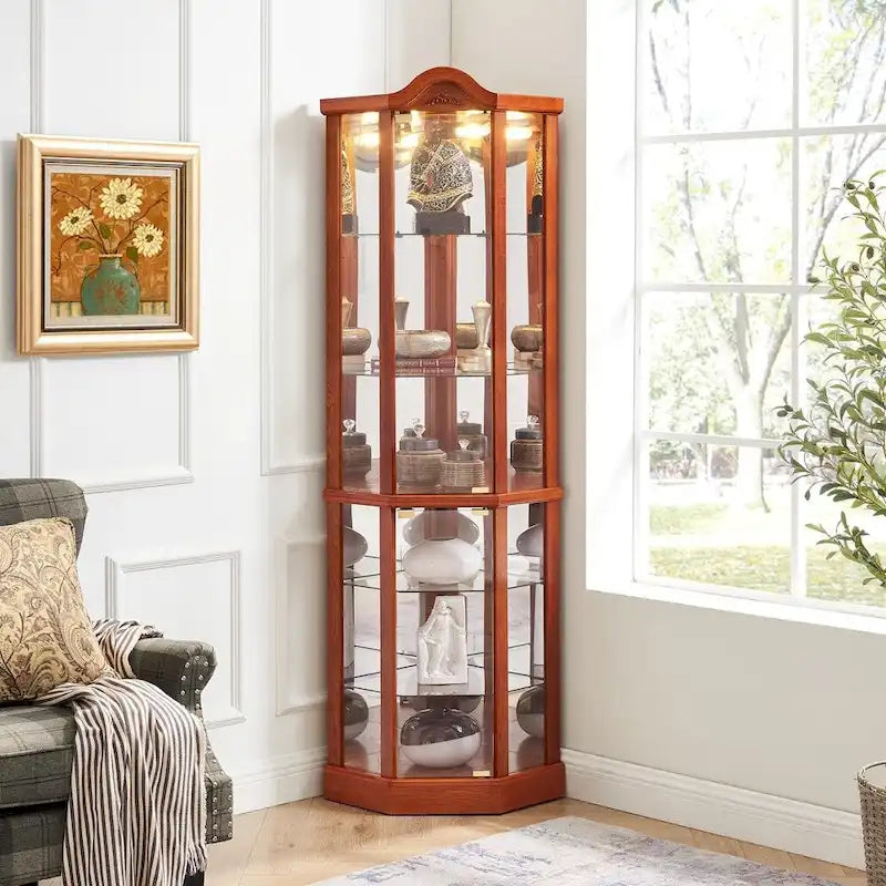 Wine Cabinet with Adjustable Glass Shelves Carved Decoration