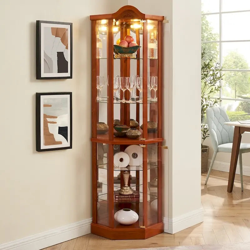 Wine Cabinet with Adjustable Glass Shelves Carved Decoration