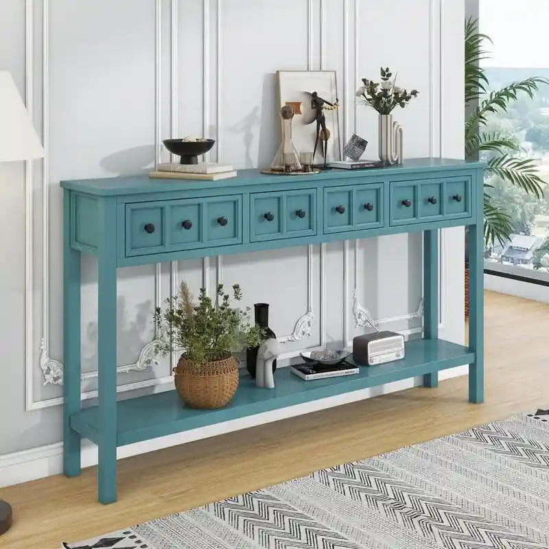 Rustic Entryway Console Table, 60 Long Sofa Table with two Different Size Drawers and Bottom Shelf for Storage