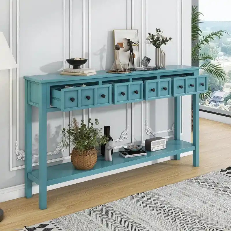 Rustic Entryway Console Table, 60 Long Sofa Table with two Different Size Drawers and Bottom Shelf for Storage