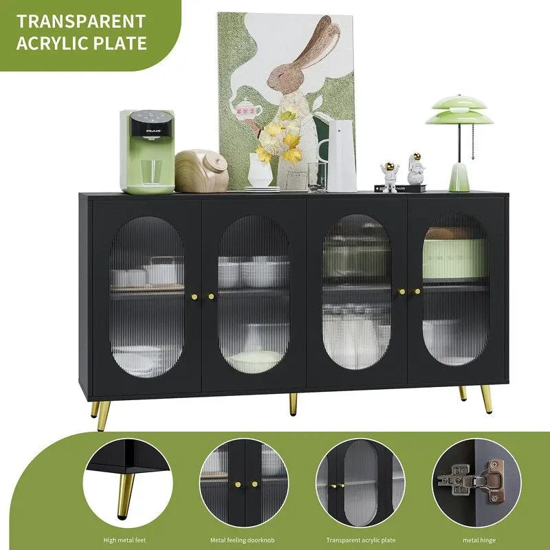 Grondin Modern Minimalist Wooden Sideboard Buffet Storage Cabinet with 4 Acrylic Doors and Interior Adjustable Shelves