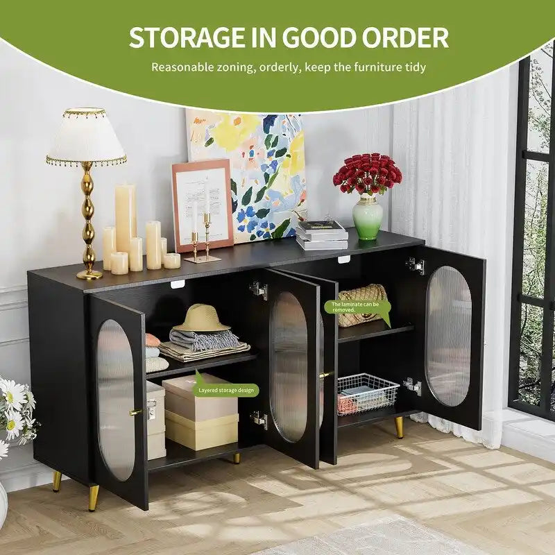 Grondin Modern Minimalist Wooden Sideboard Buffet Storage Cabinet with 4 Acrylic Doors and Interior Adjustable Shelves