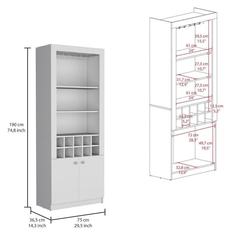 74Tall 4-Tier Modern Bar Cabinet with Glass Holder Stemware Rack,Wine Cabinet,Liquor Cabinet,10 Bottle Cubbies and 4 Shelves