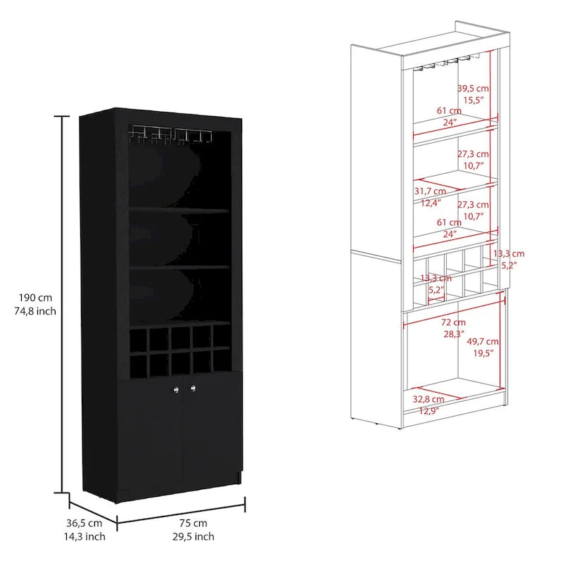 74Tall 4-Tier Modern Bar Cabinet with Glass Holder Stemware Rack,Wine Cabinet,Liquor Cabinet,10 Bottle Cubbies and 4 Shelves