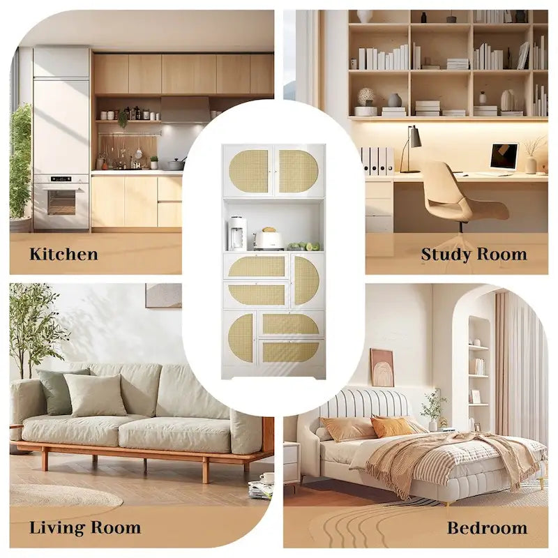 Storage Cabinet with Rattan Doors,Tall Freestanding Hutch Cabinet