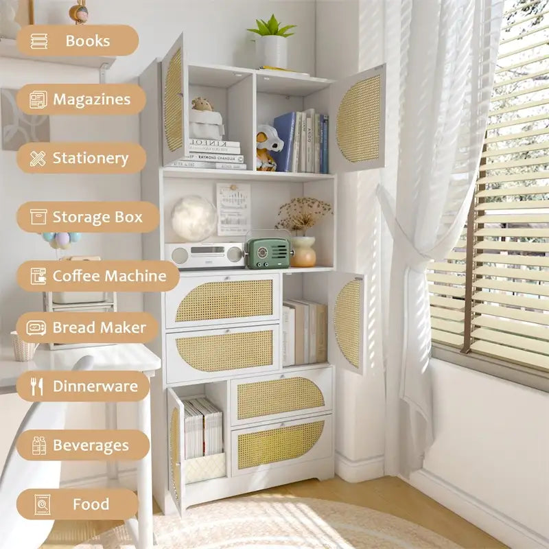 Storage Cabinet with Rattan Doors,Tall Freestanding Hutch Cabinet