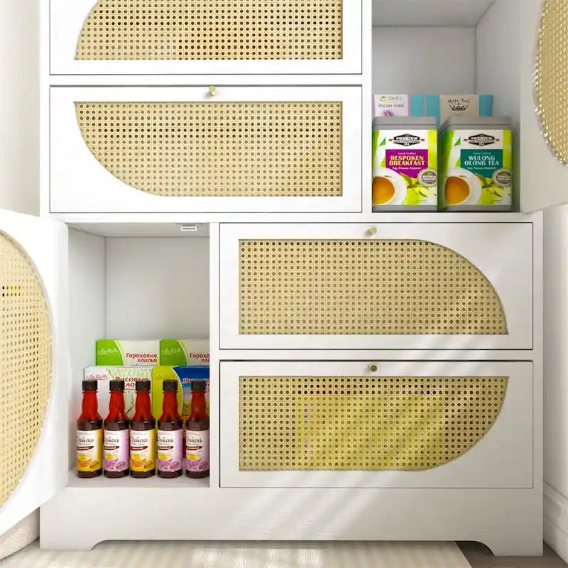 Storage Cabinet with Rattan Doors,Tall Freestanding Hutch Cabinet