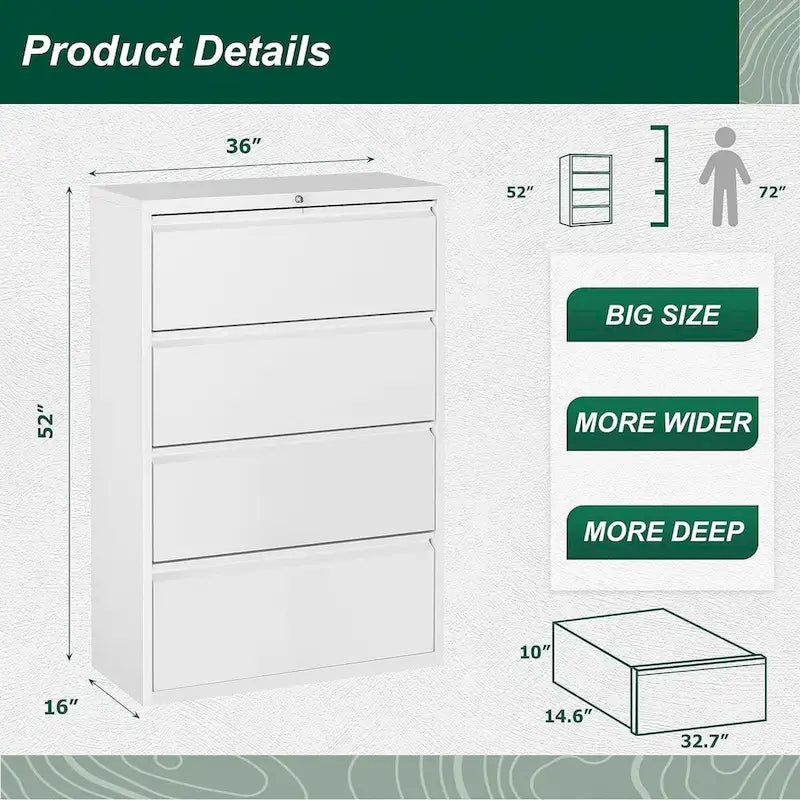 36W 4 Drawer Large Deep Locking Metal Lateral File Cabinet