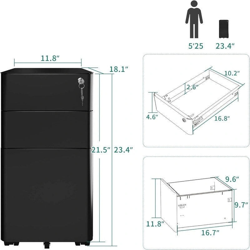 3-Drawer Slim File Cabinet with Lock - 18.1D x 11.8W x 23.4H