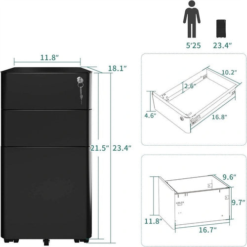 3-Drawer Slim File Cabinet with Lock - 18.1D x 11.8W x 23.4H