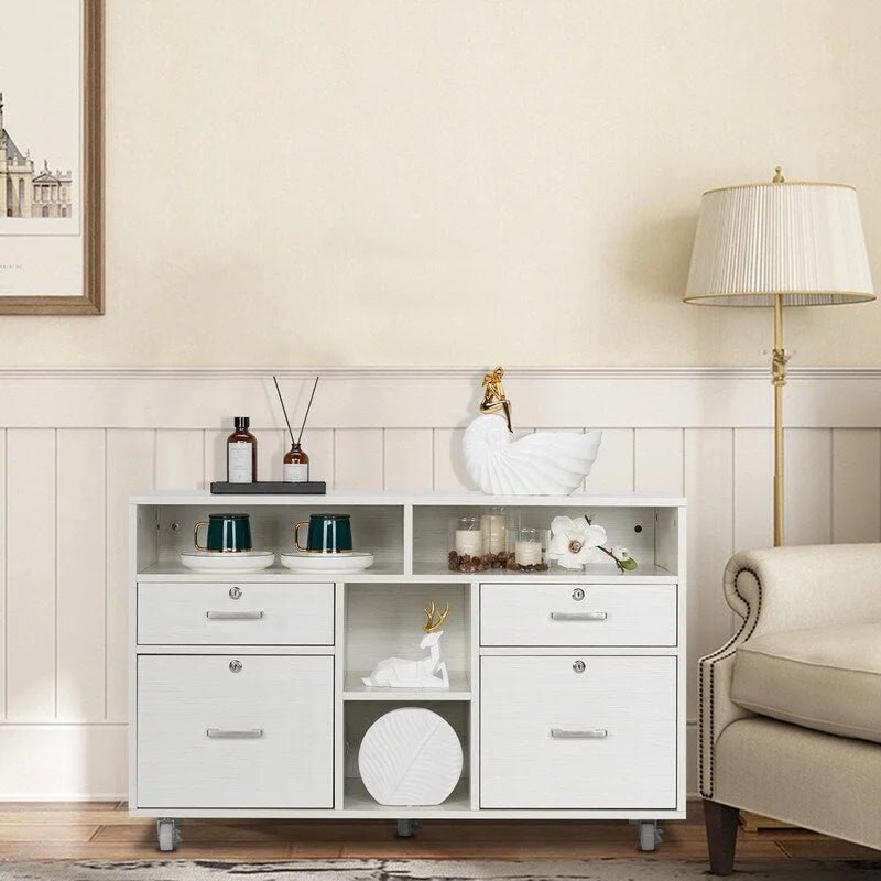 4 Drawer File Cabinet Wood Mobile Lockable Rolling with Shelves