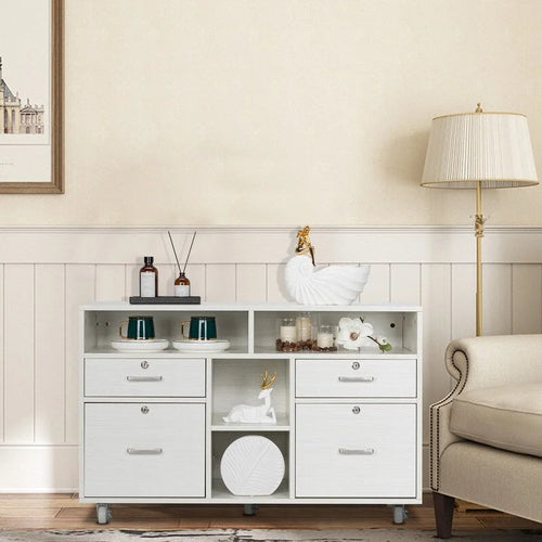 4 Drawer File Cabinet Wood Mobile Lockable Rolling with Shelves