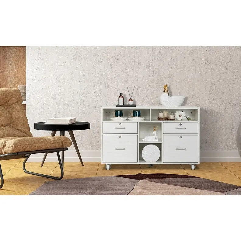 4 Drawer File Cabinet Wood Mobile Lockable Rolling with Shelves