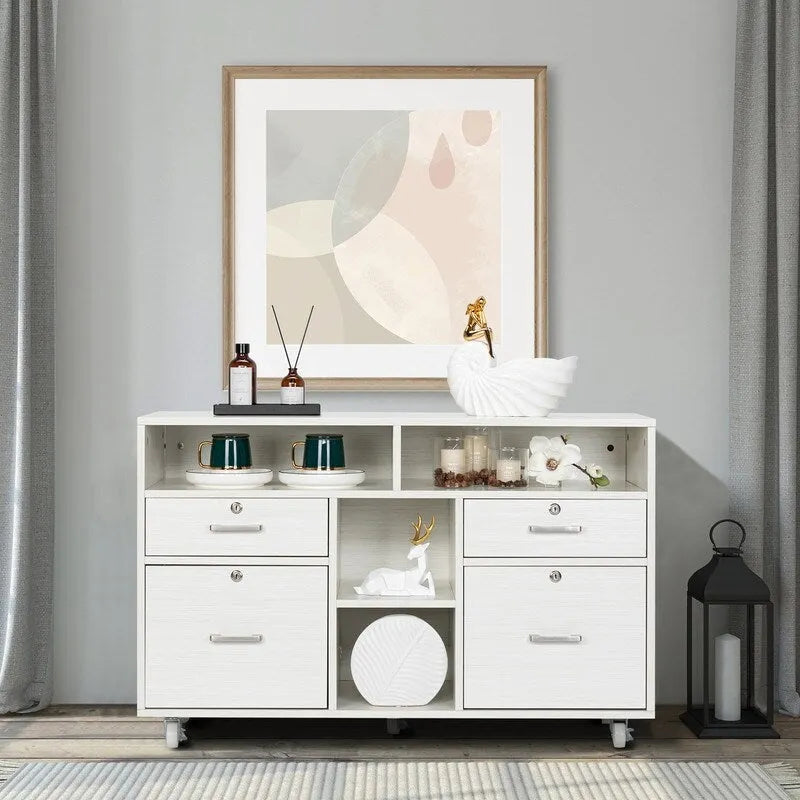 4 Drawer File Cabinet Wood Mobile Lockable Rolling with Shelves