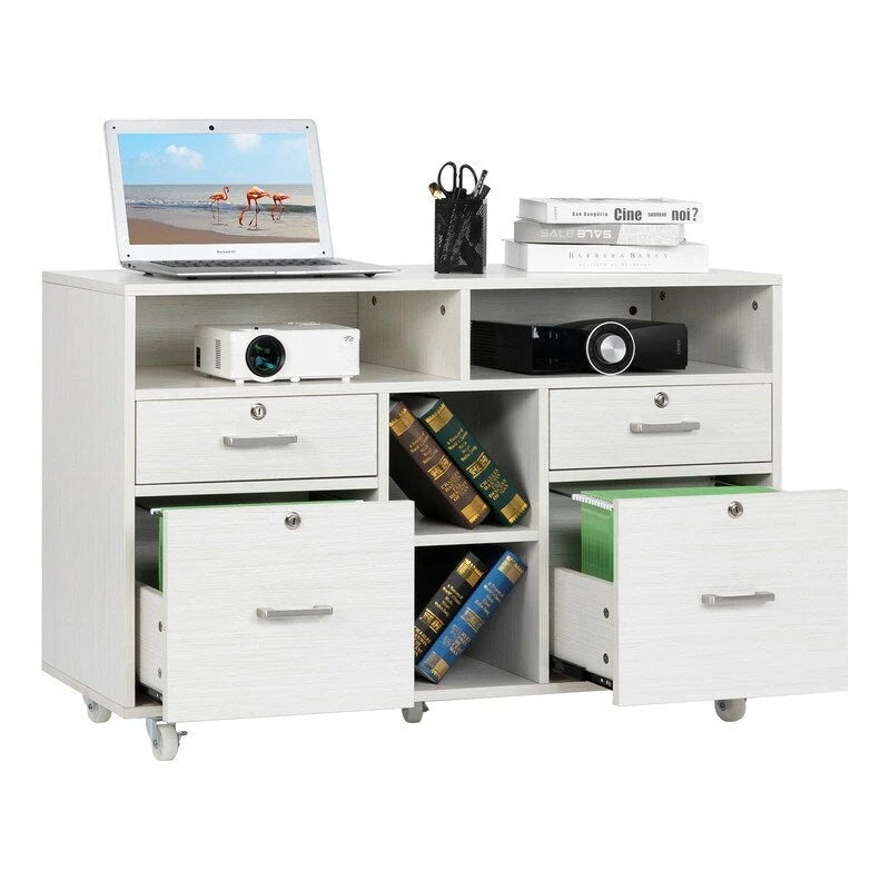 4 Drawer File Cabinet Wood Mobile Lockable Rolling with Shelves