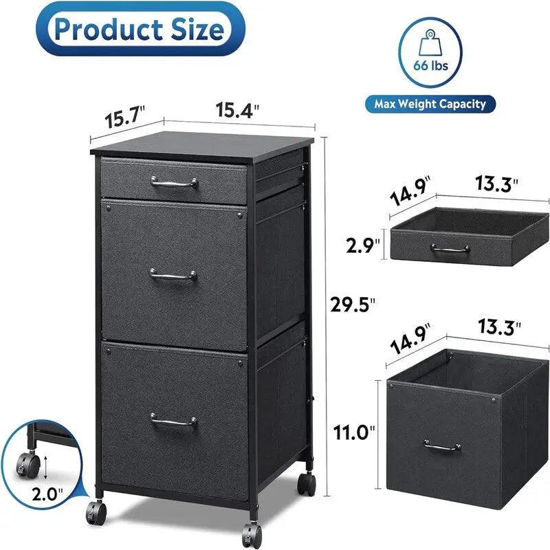 Mobile File Cabinet Dresser for Bedroom with 3 Drawers - 15.7D x 15.4W x 29.5H