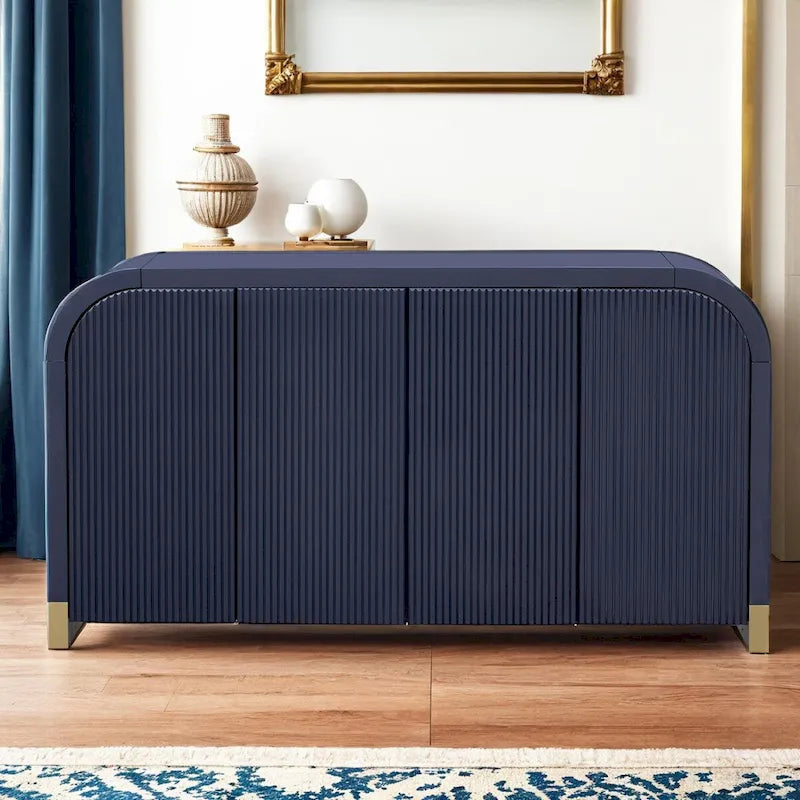 4-door Curved Corner Design Wavy Door Panel Cabinet with Adjustable Shelves, Suitable for Study, Living Room and Entrance