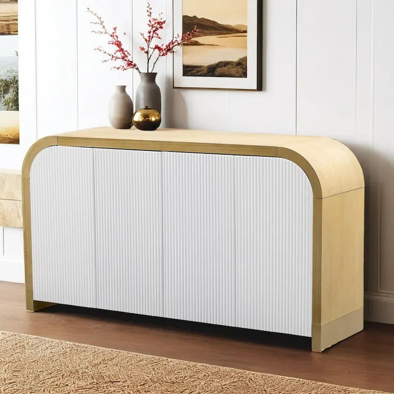 4-door Curved Corner Design Wavy Door Panel Cabinet with Adjustable Shelves, Suitable for Study, Living Room and Entrance