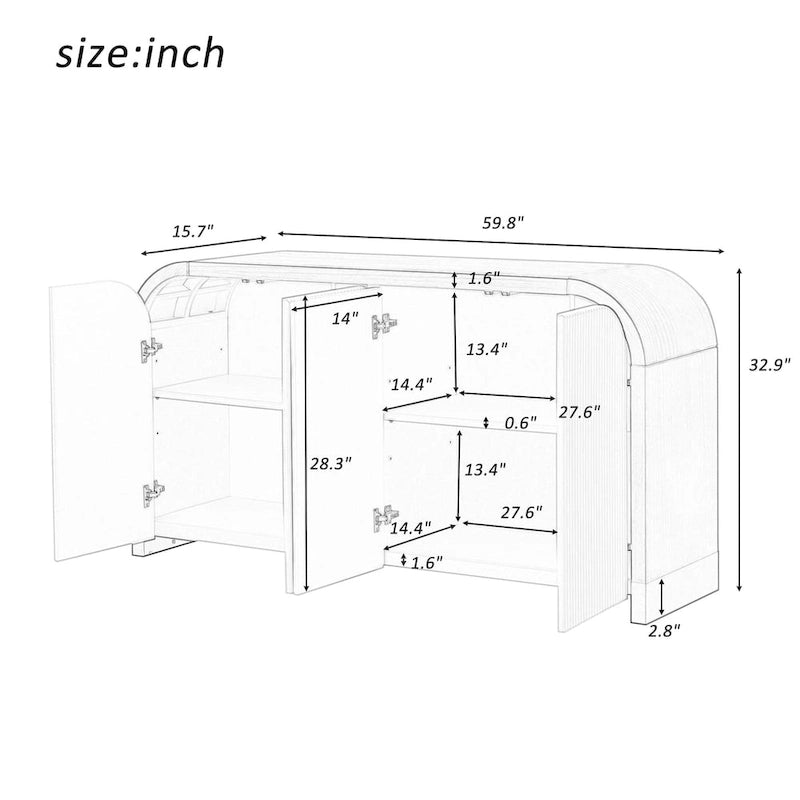 4-door Curved Corner Design Wavy Door Panel Cabinet with Adjustable Shelves, Suitable for Study, Living Room and Entrance