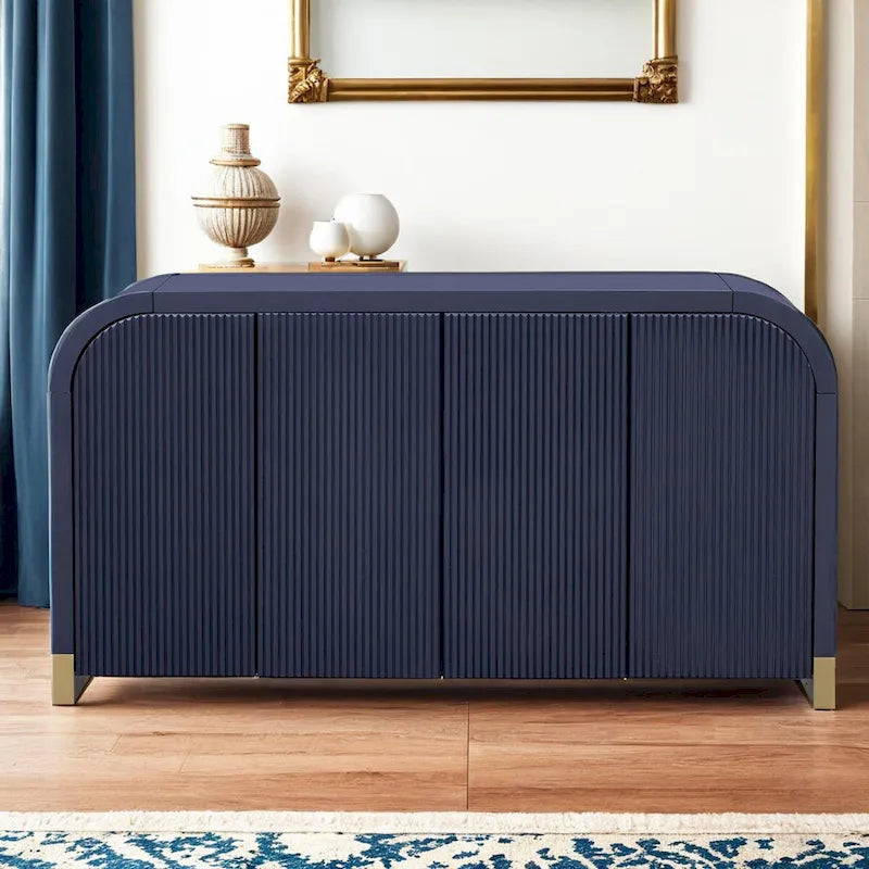 4-door Curved Corner Design Wavy Door Panel Cabinet with Adjustable Shelves, Suitable for Study, Living Room and Entrance